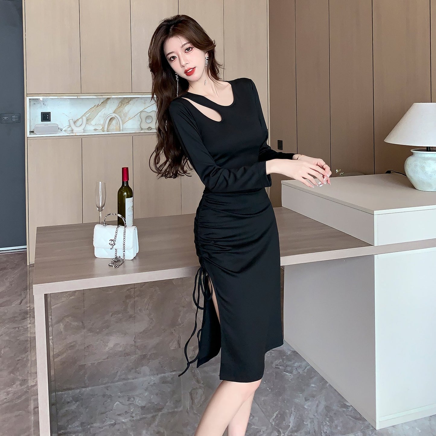 【dress】フランス風スリットタイトワンピースG24374