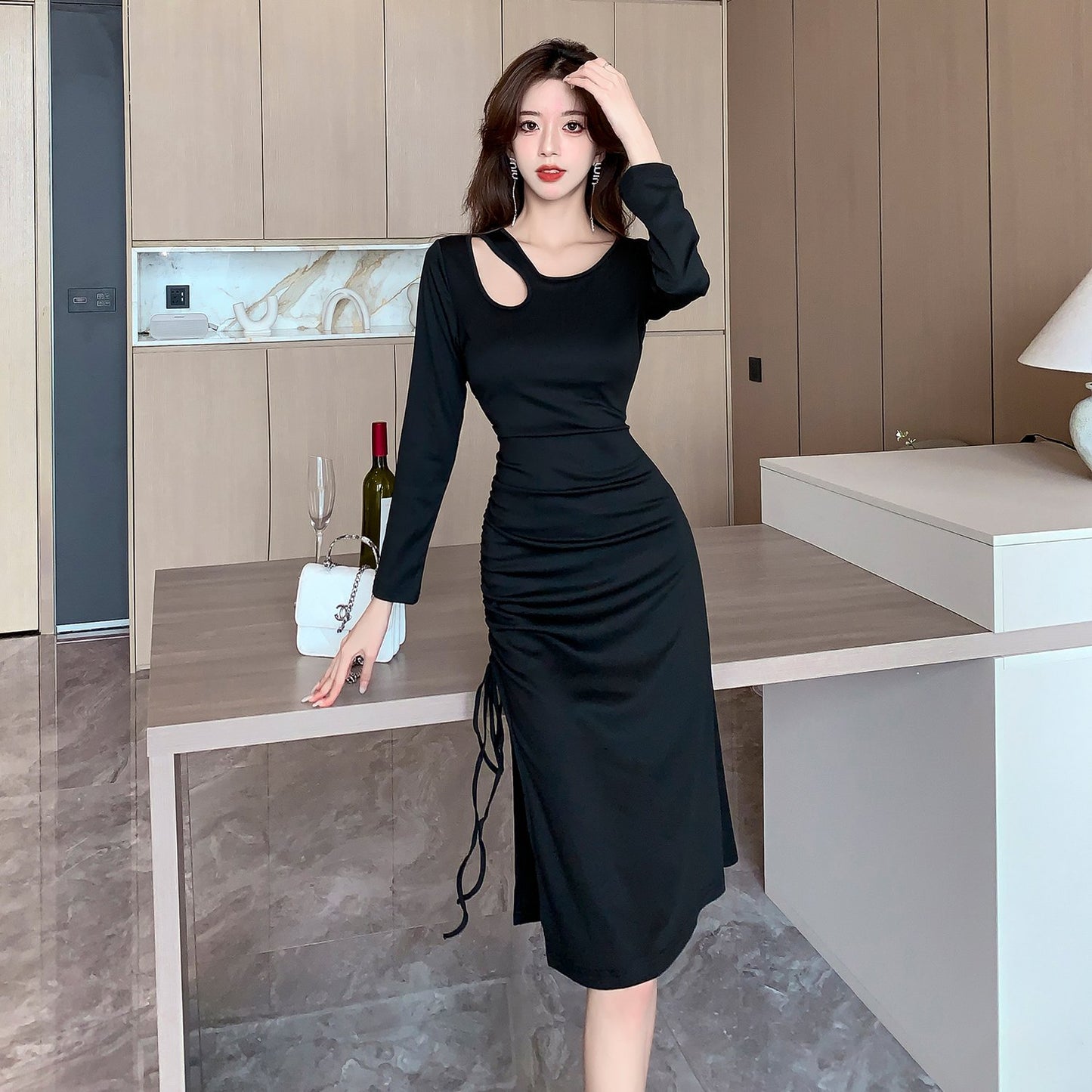 【dress】フランス風スリットタイトワンピースG24374