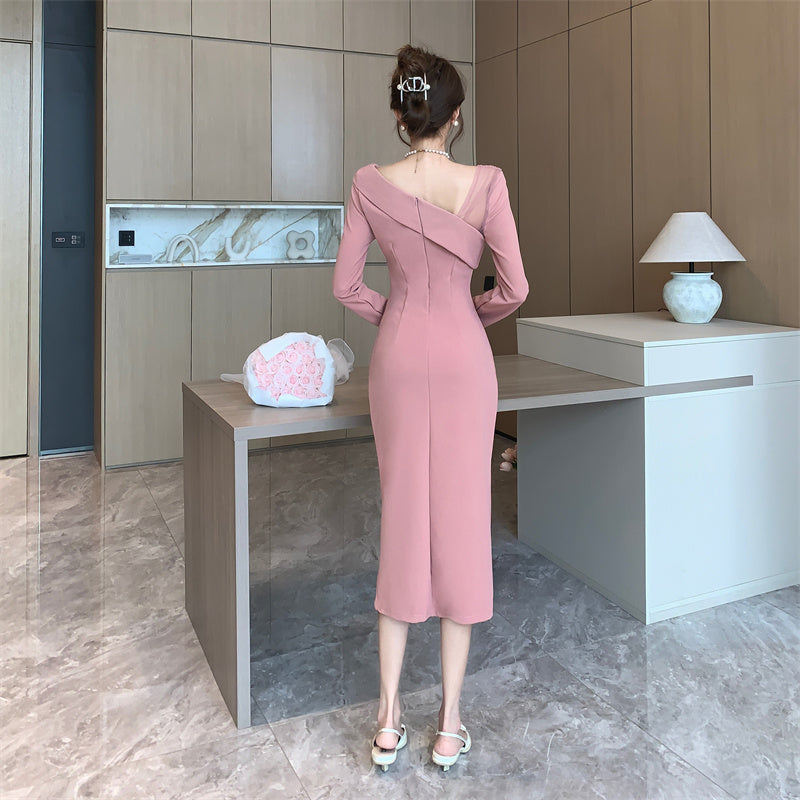 【dress】フランス風メッシュVネック長袖ワンピースG24375