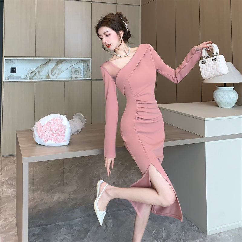 【dress】フランス風メッシュVネック長袖ワンピースG24375