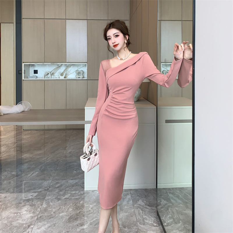 【dress】フランス風メッシュVネック長袖ワンピースG24375