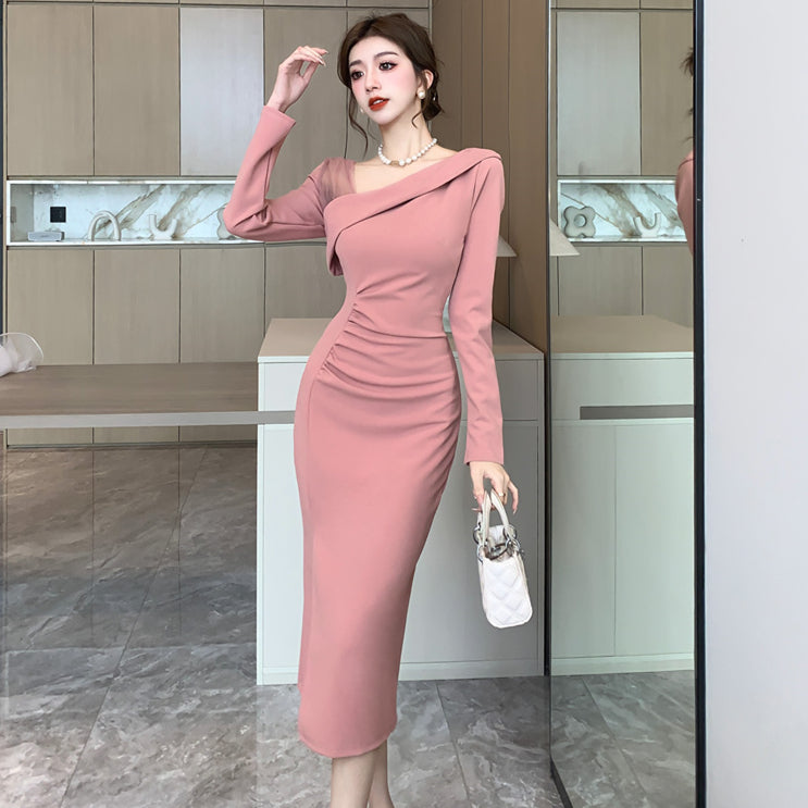 【dress】フランス風メッシュVネック長袖ワンピースG24375