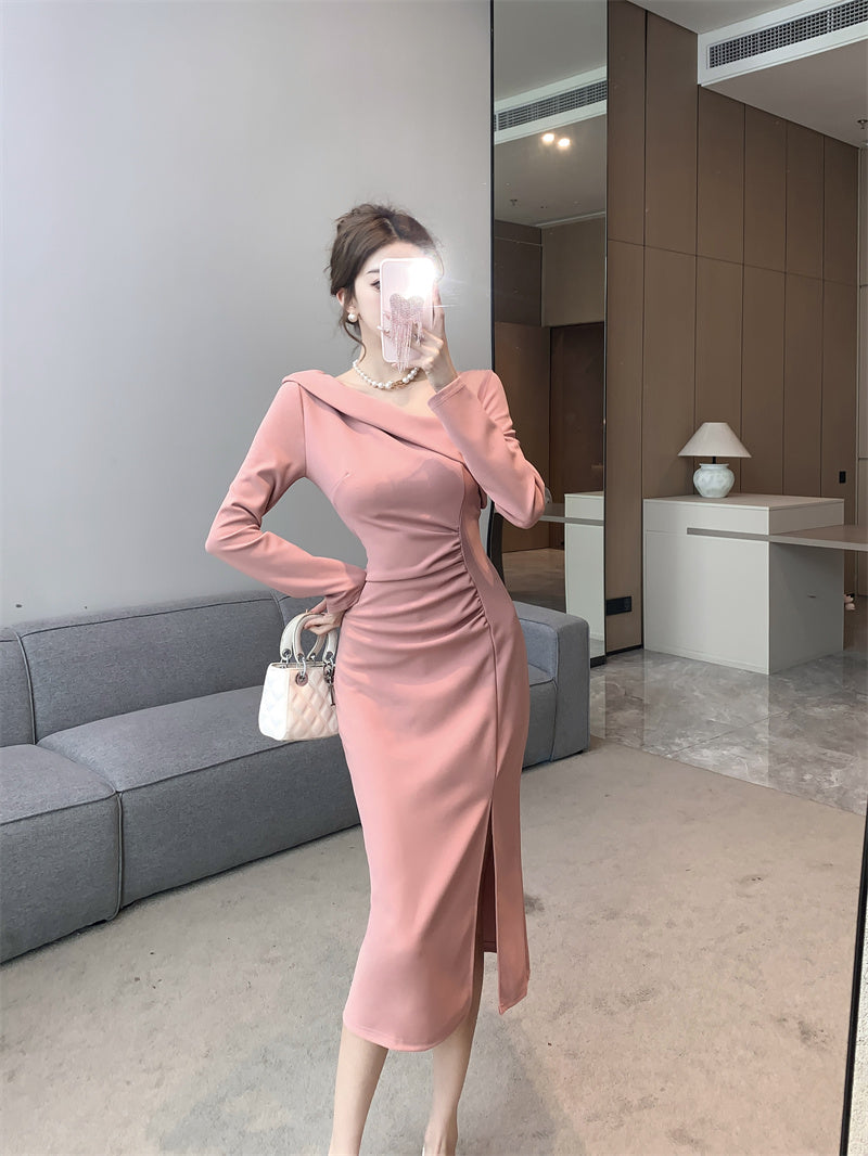 【dress】フランス風メッシュVネック長袖ワンピースG24375