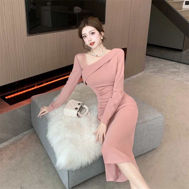 【dress】フランス風メッシュVネック長袖ワンピースG24375