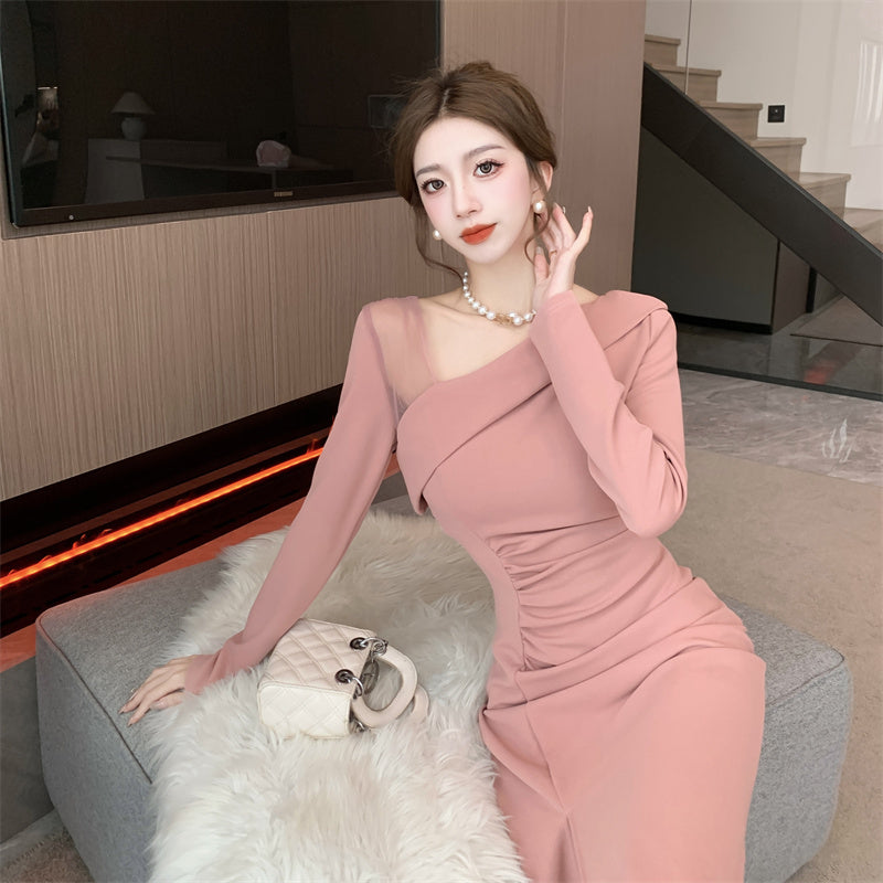 【dress】フランス風メッシュVネック長袖ワンピースG24375