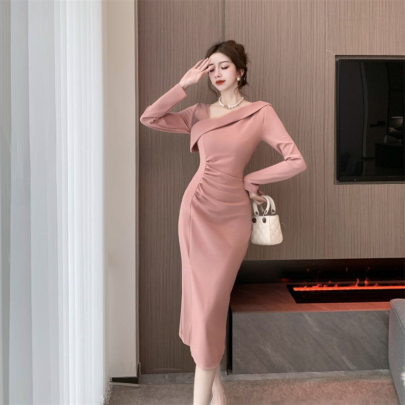 【dress】フランス風メッシュVネック長袖ワンピースG24375