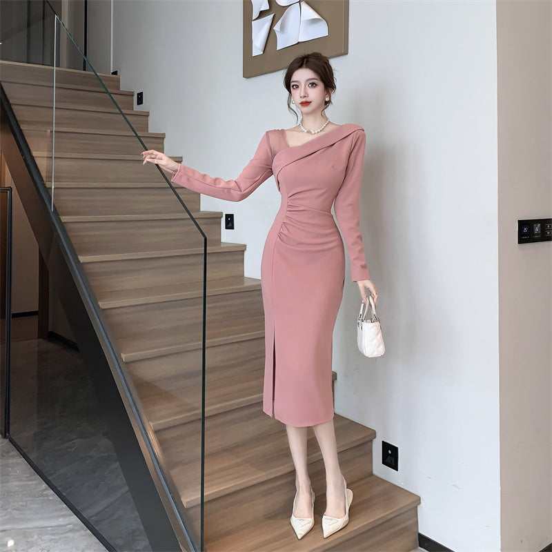 【dress】フランス風メッシュVネック長袖ワンピースG24375