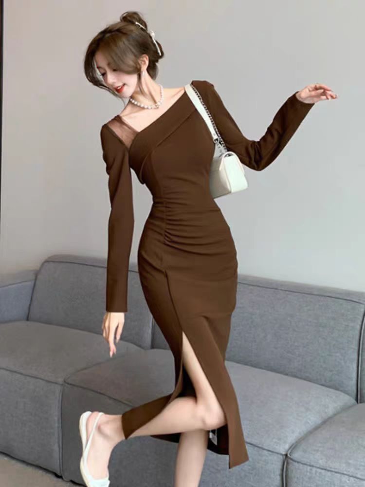 【dress】フランス風メッシュVネック長袖ワンピースG24375