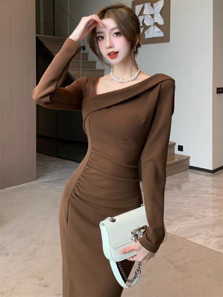 【dress】フランス風メッシュVネック長袖ワンピースG24375