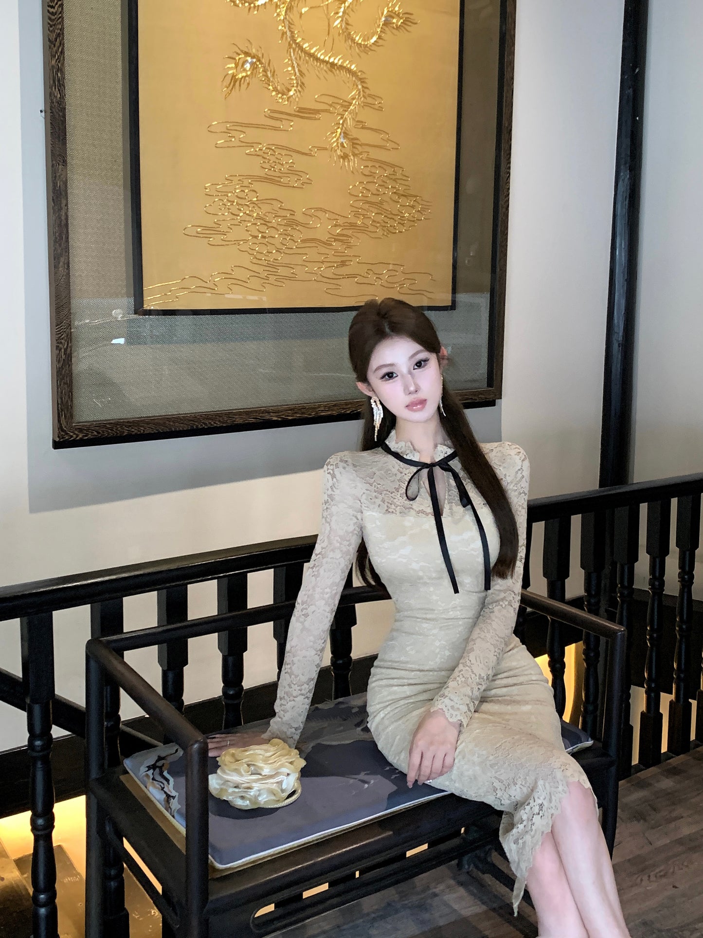 【dress】レース長袖ニットタイトワンピースG24389