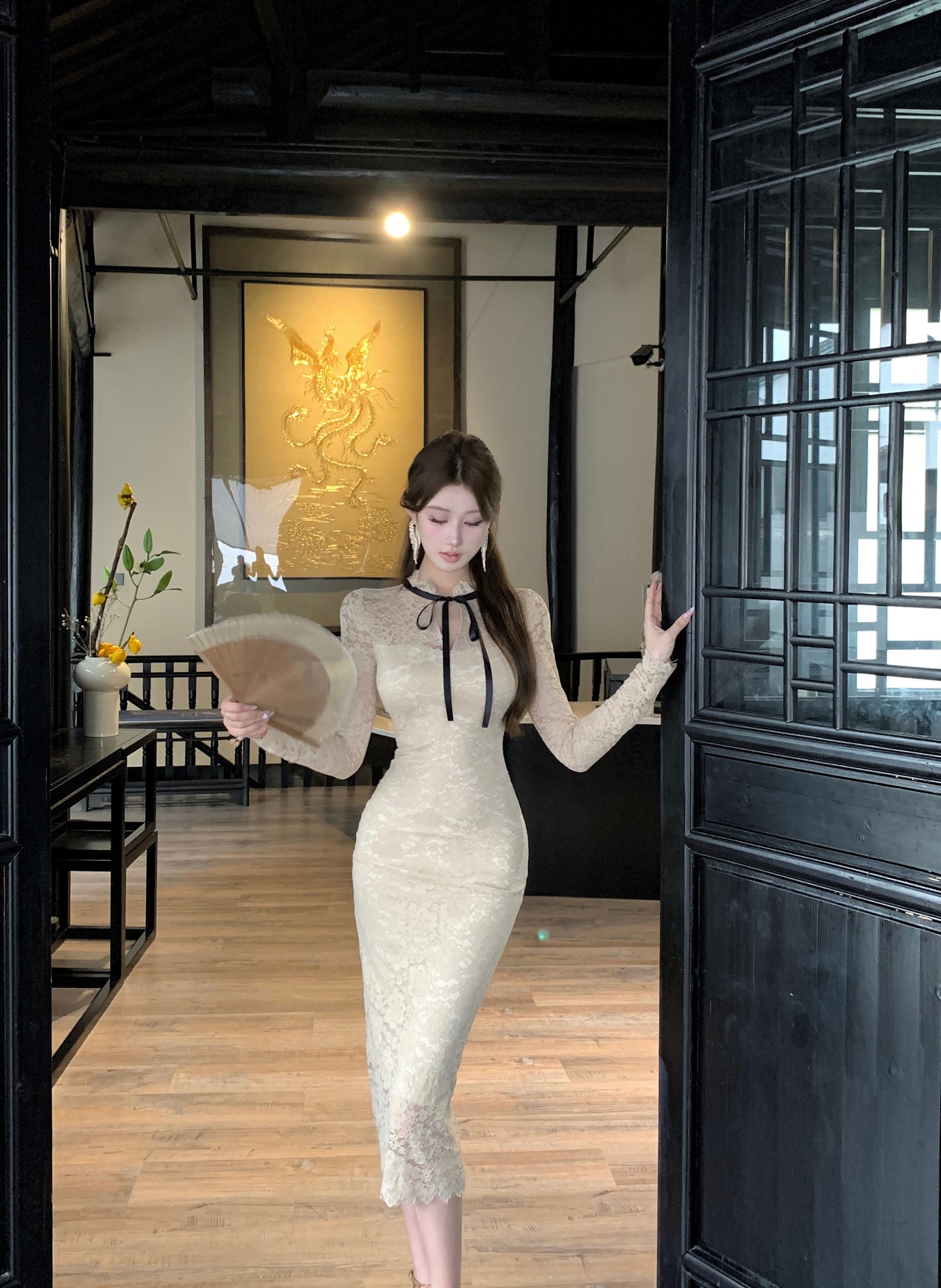 【dress】レース長袖ニットタイトワンピースG24389