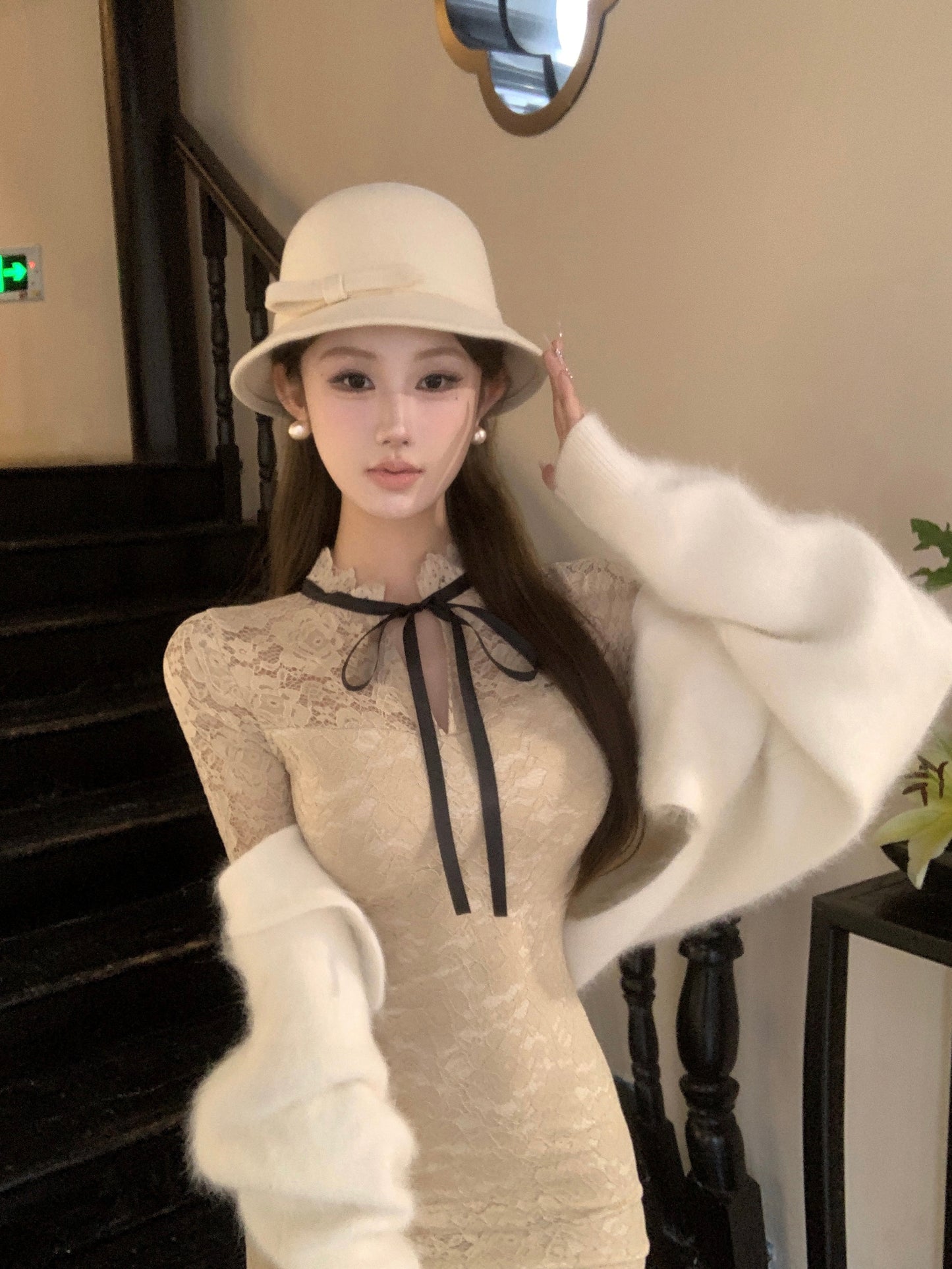 【dress】レース長袖ニットタイトワンピースG24389