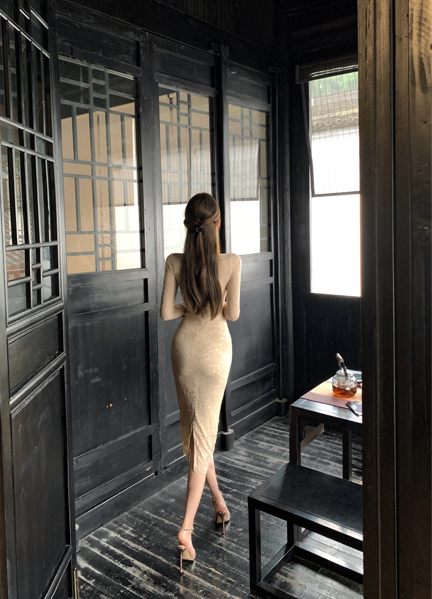 【dress】レース長袖ニットタイトワンピースG24389