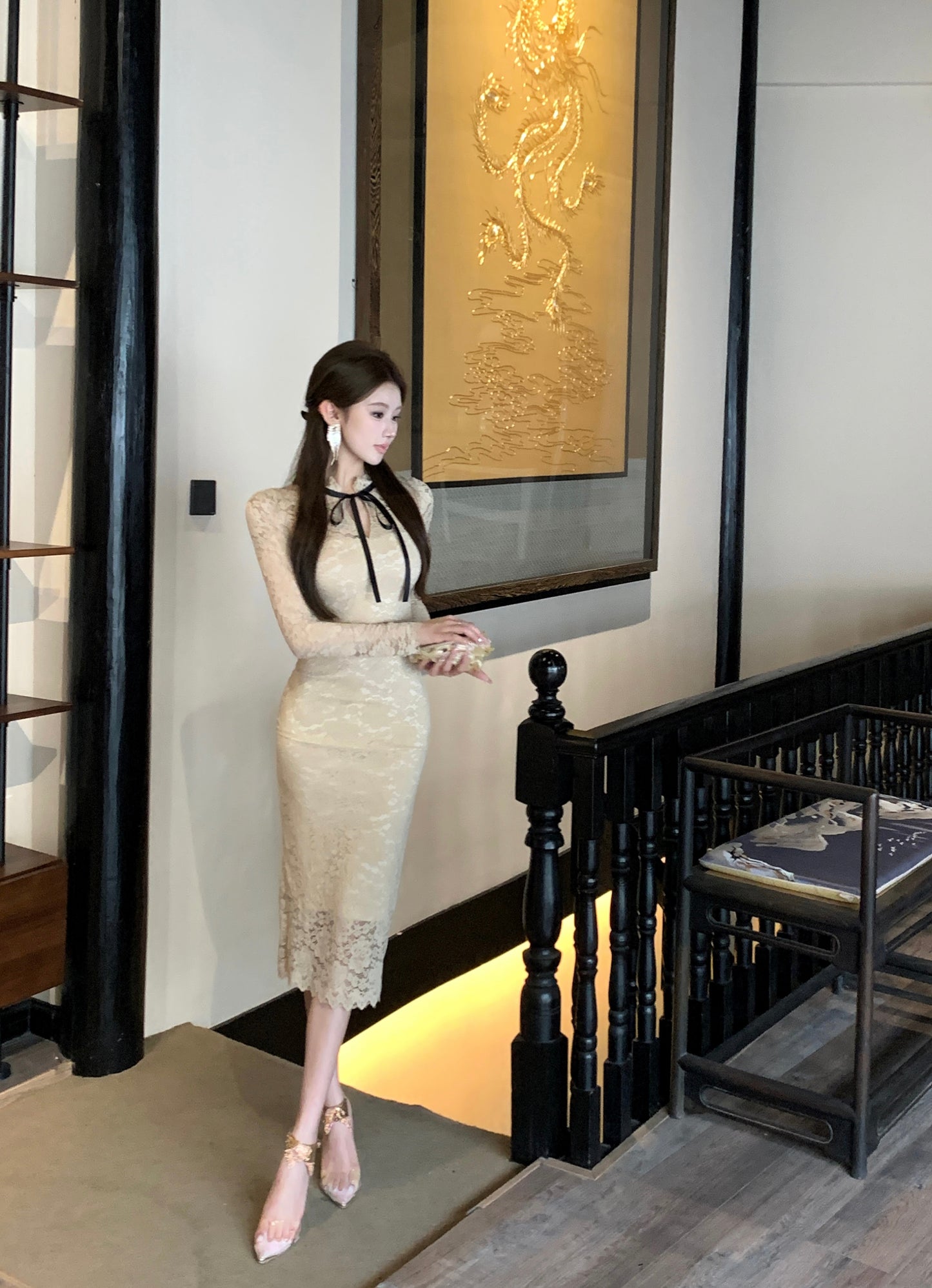 【dress】レース長袖ニットタイトワンピースG24389