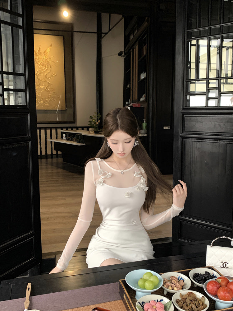 【dress】メッシュ切り替え長袖ニットワンピースG24391