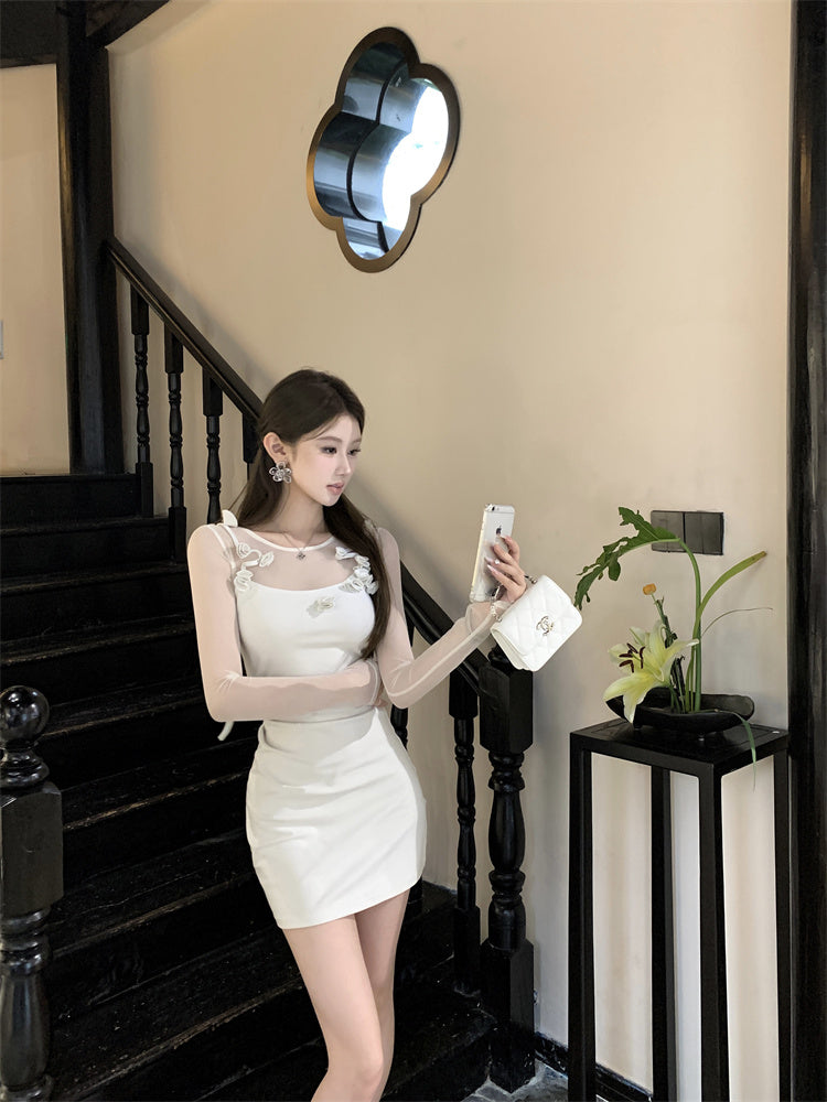 【dress】メッシュ切り替え長袖ニットワンピースG24391