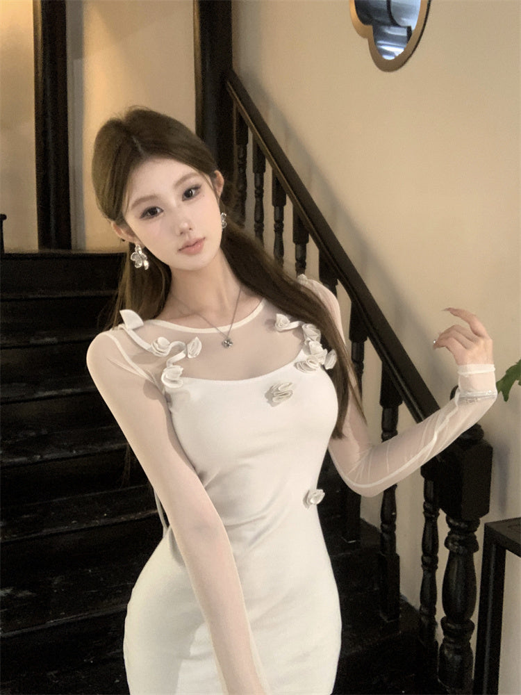 【dress】メッシュ切り替え長袖ニットワンピースG24391