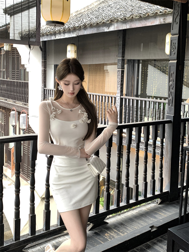 【dress】メッシュ切り替え長袖ニットワンピースG24391