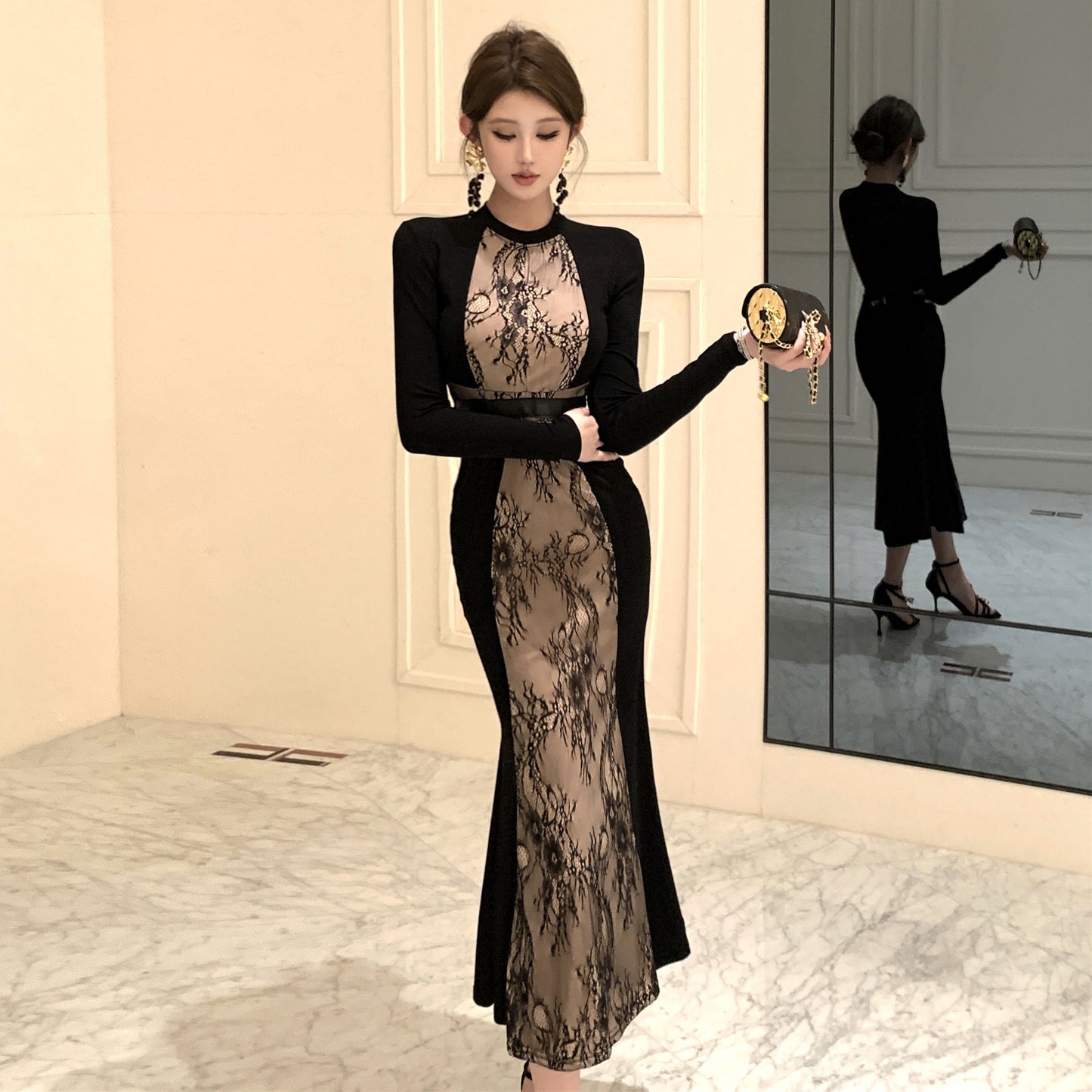 【dress】フェミニンレース切り替え長袖タイトワンピースG24393