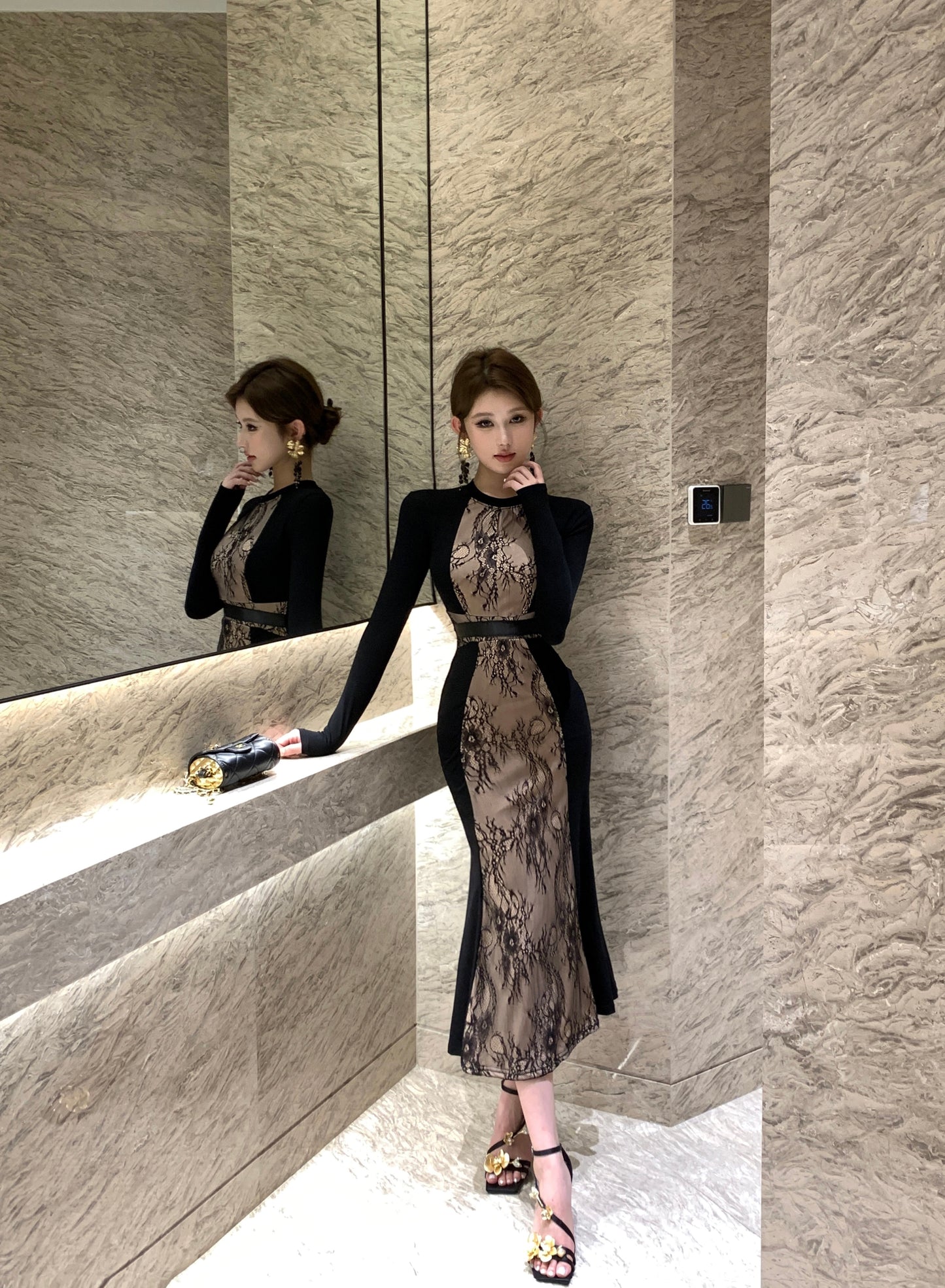 【dress】フェミニンレース切り替え長袖タイトワンピースG24393