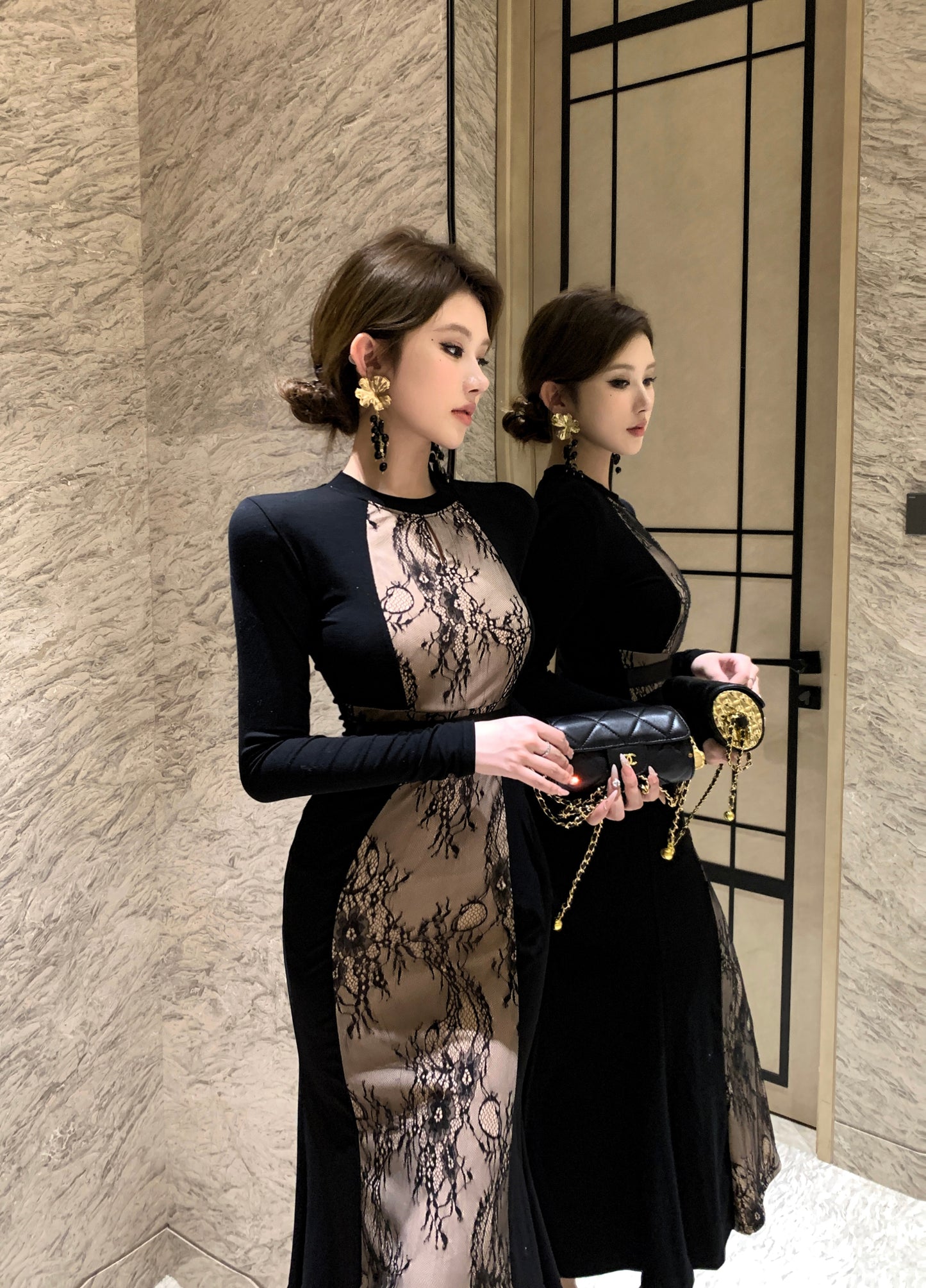 【dress】フェミニンレース切り替え長袖タイトワンピースG24393