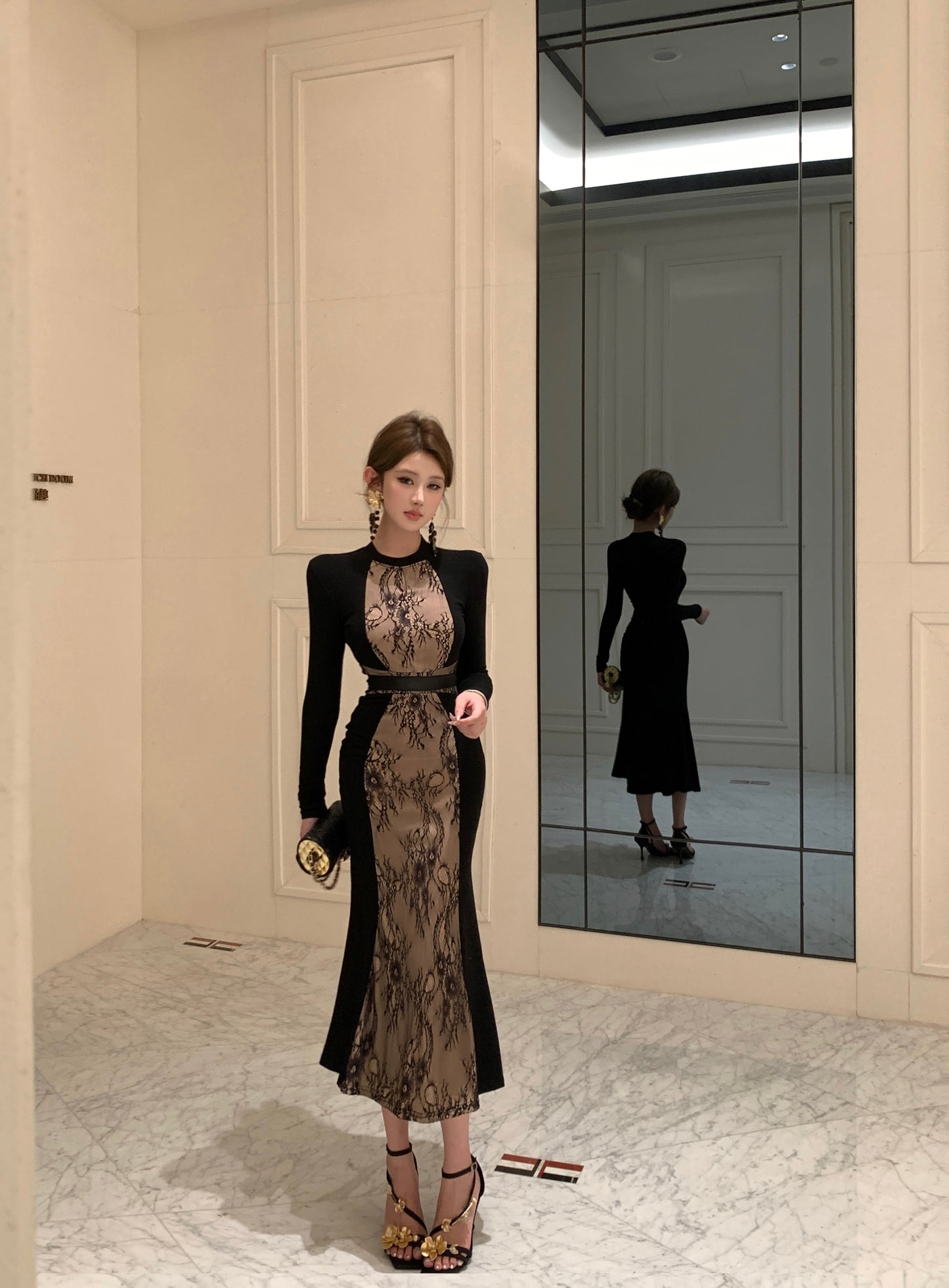 【dress】フェミニンレース切り替え長袖タイトワンピースG24393