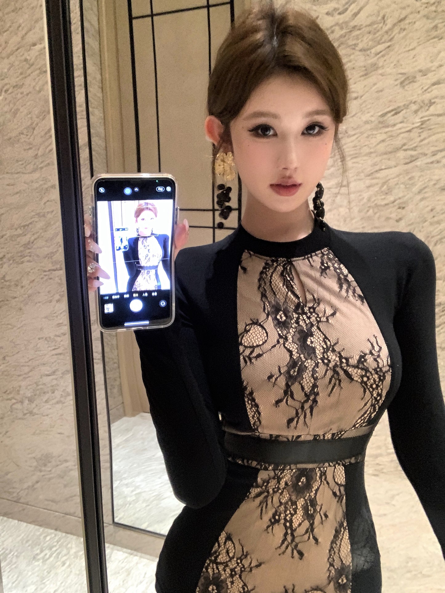 【dress】フェミニンレース切り替え長袖タイトワンピースG24393