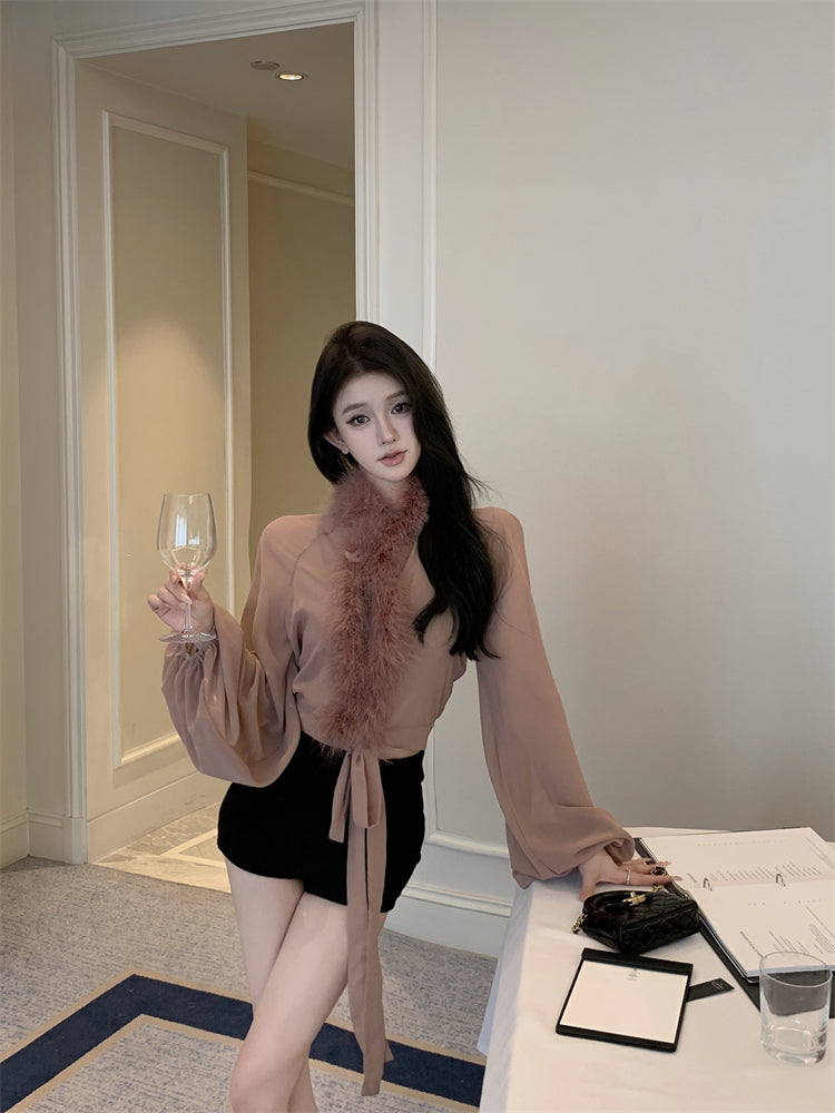 【tops】ファー切り替えブラウスG24413