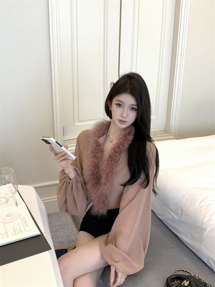 【tops】ファー切り替えブラウスG24413