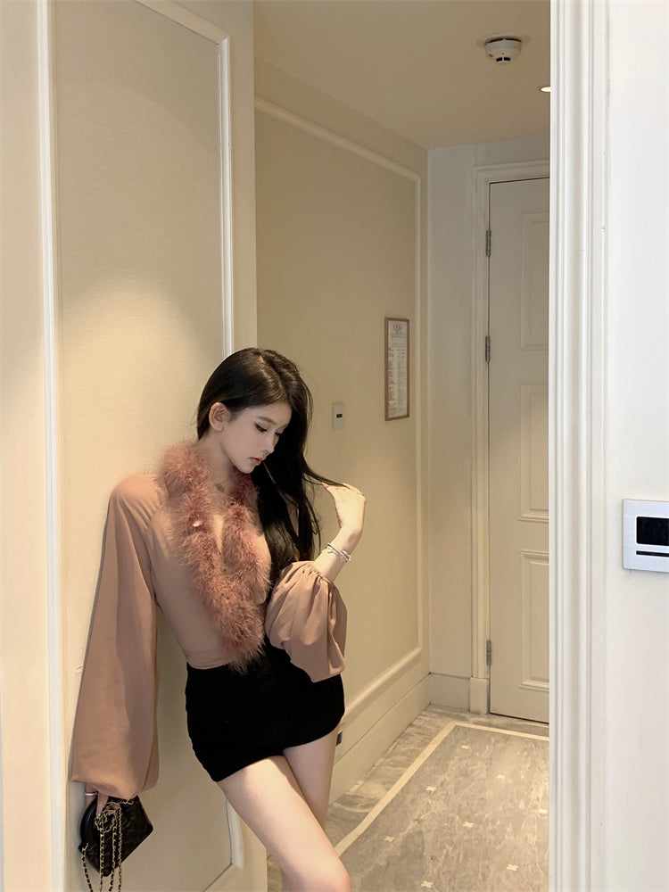 【tops】ファー切り替えブラウスG24413