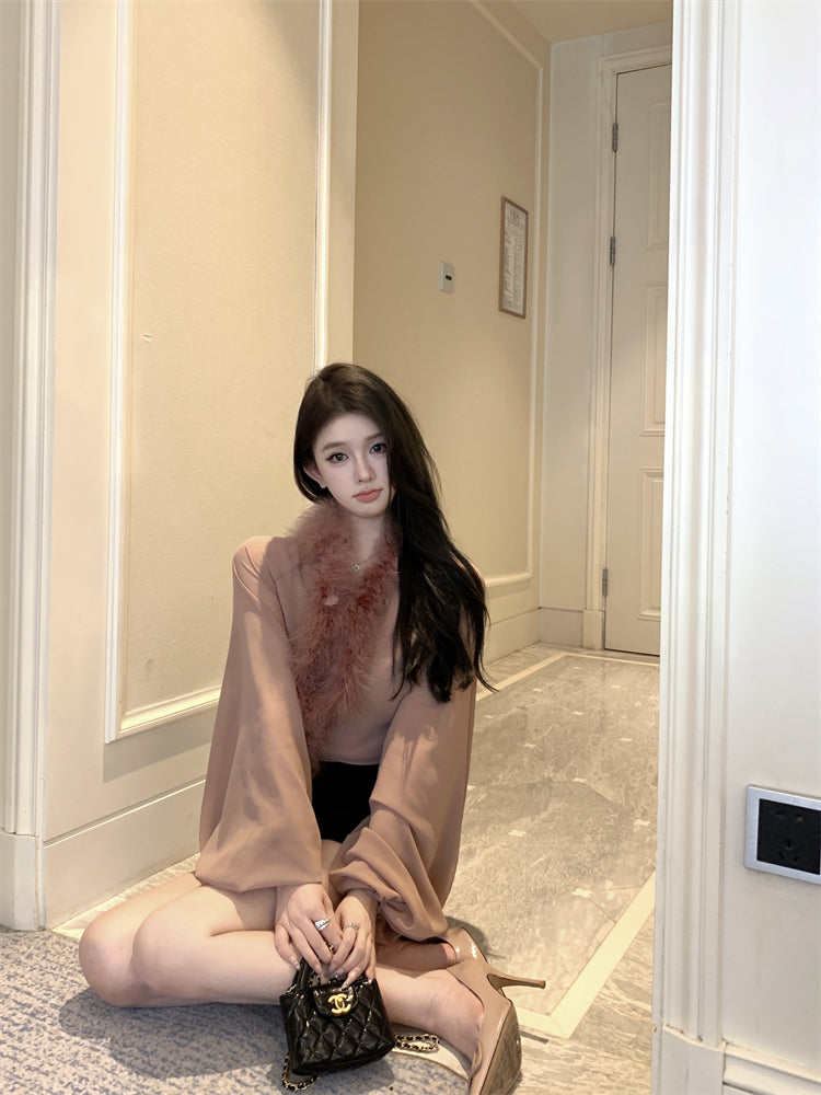 【tops】ファー切り替えブラウスG24413