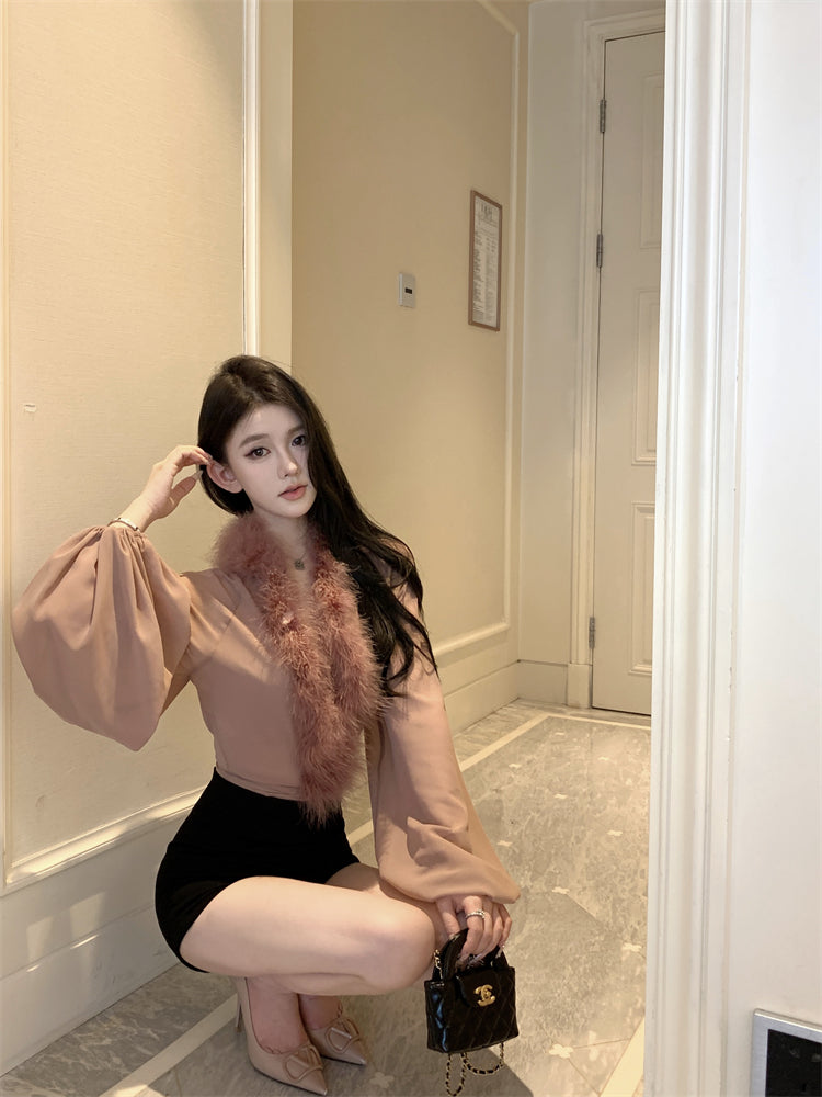 【tops】ファー切り替えブラウスG24413