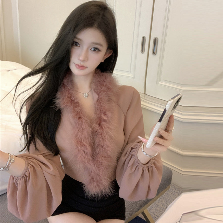 【tops】ファー切り替えブラウスG24413