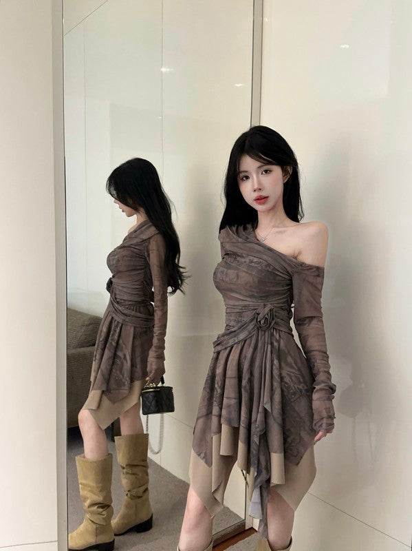 【dress】プリント長袖フリルワンピースG24419