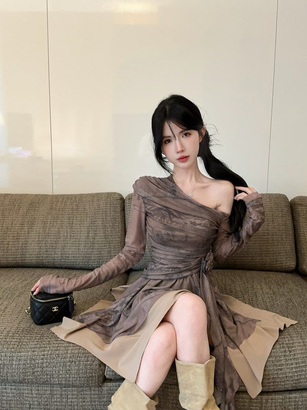 【dress】プリント長袖フリルワンピースG24419