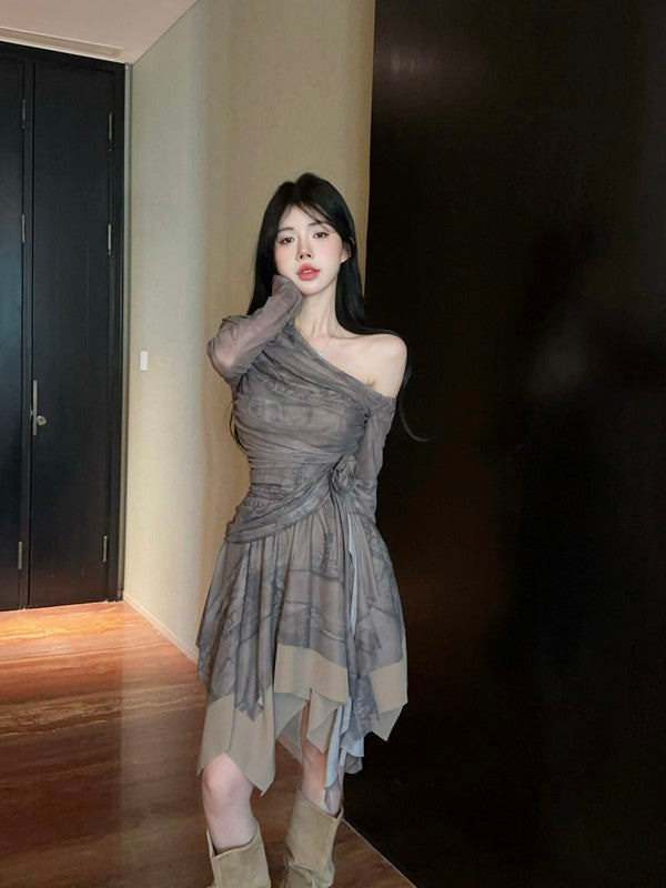 【dress】プリント長袖フリルワンピースG24419