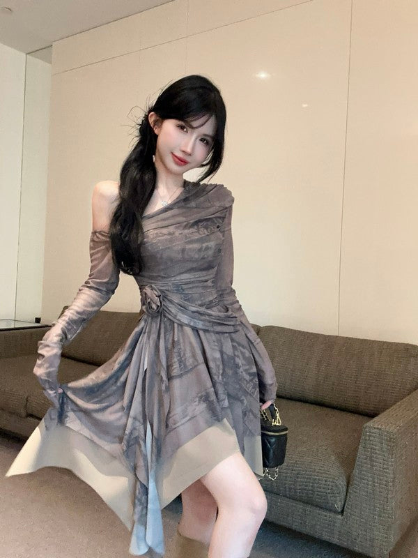 【dress】プリント長袖フリルワンピースG24419