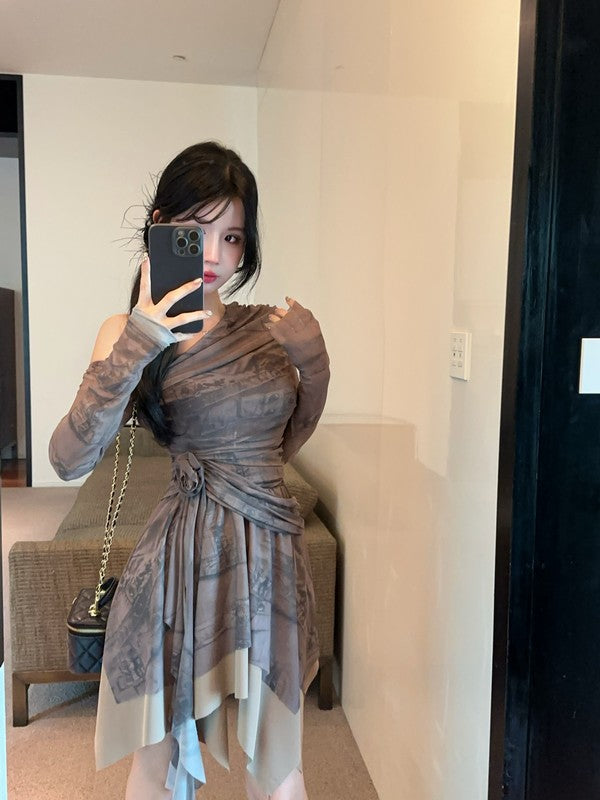 【dress】プリント長袖フリルワンピースG24419