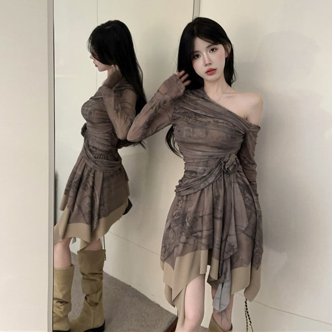 【dress】プリント長袖フリルワンピースG24419