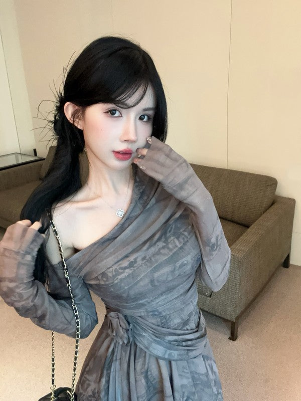 【dress】プリント長袖フリルワンピースG24419