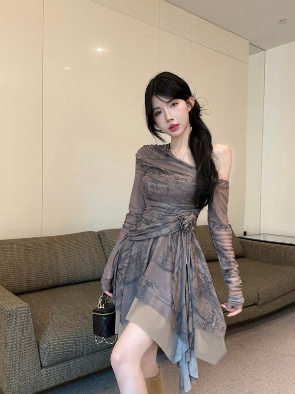 【dress】プリント長袖フリルワンピースG24419