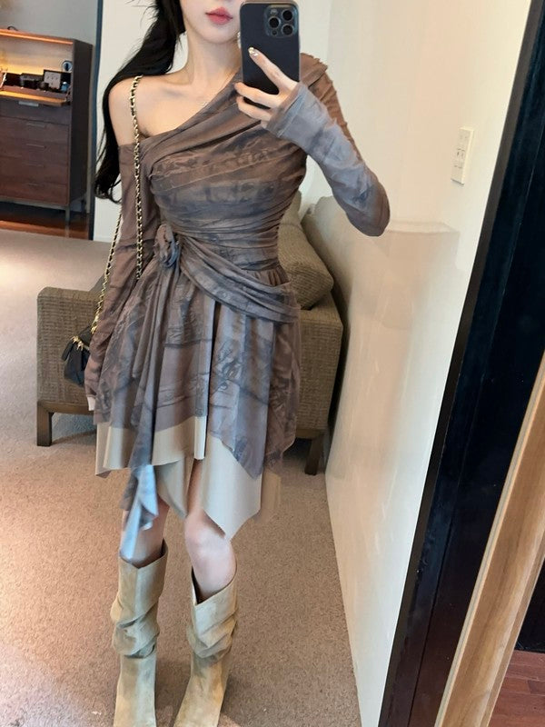 【dress】プリント長袖フリルワンピースG24419