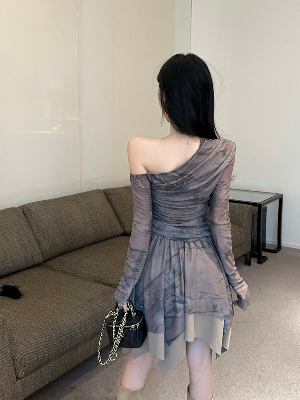 【dress】プリント長袖フリルワンピースG24419