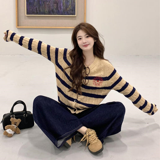 【outer】ストライプ柄ニットカーディガンG24442