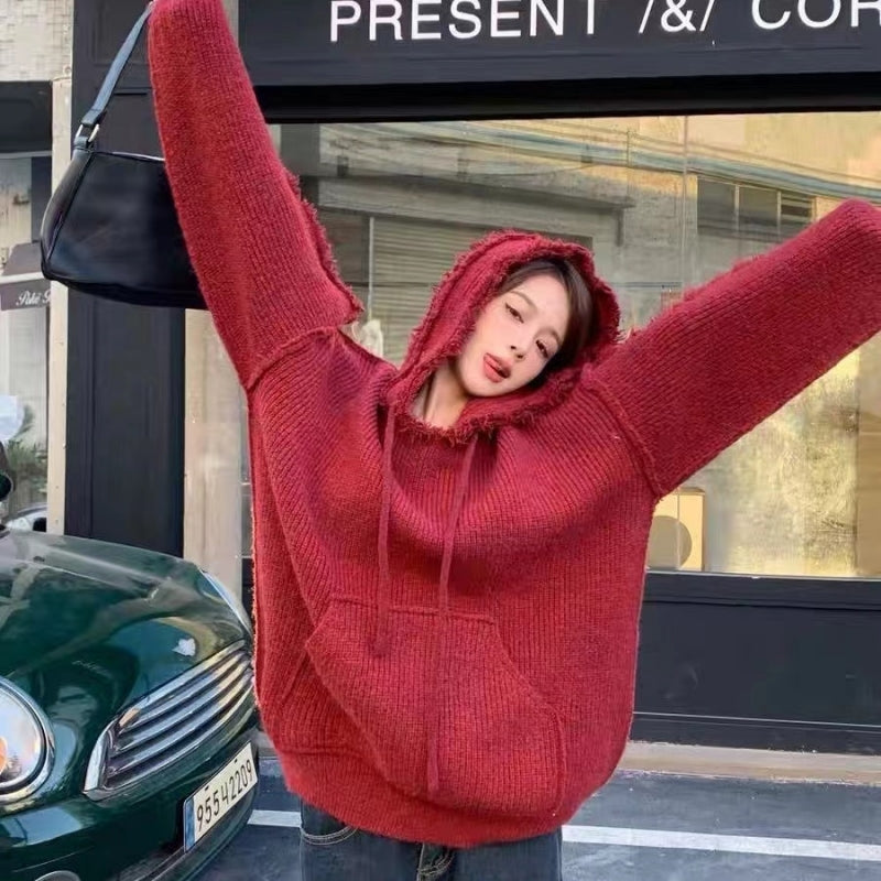 【tops】フード付き厚手ニットセーターG24446