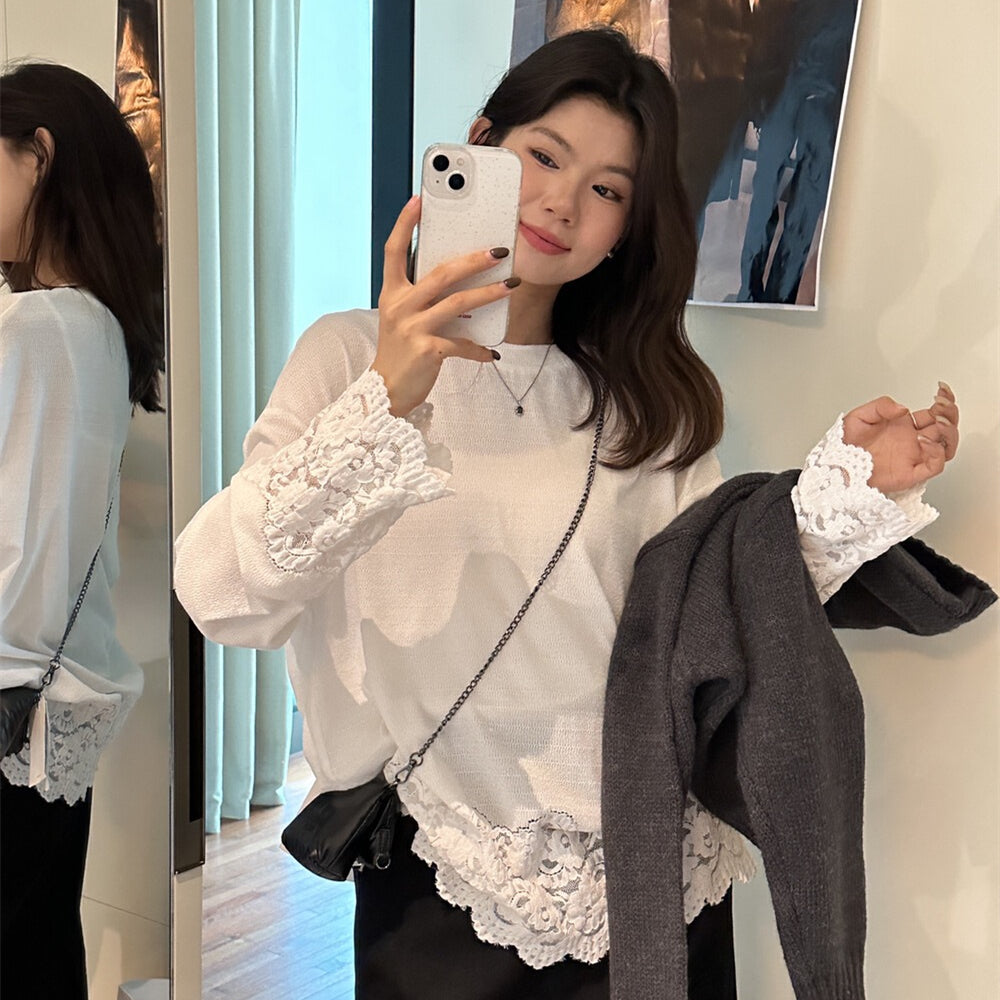 【tops】レース切り替え長袖TシャツG24448