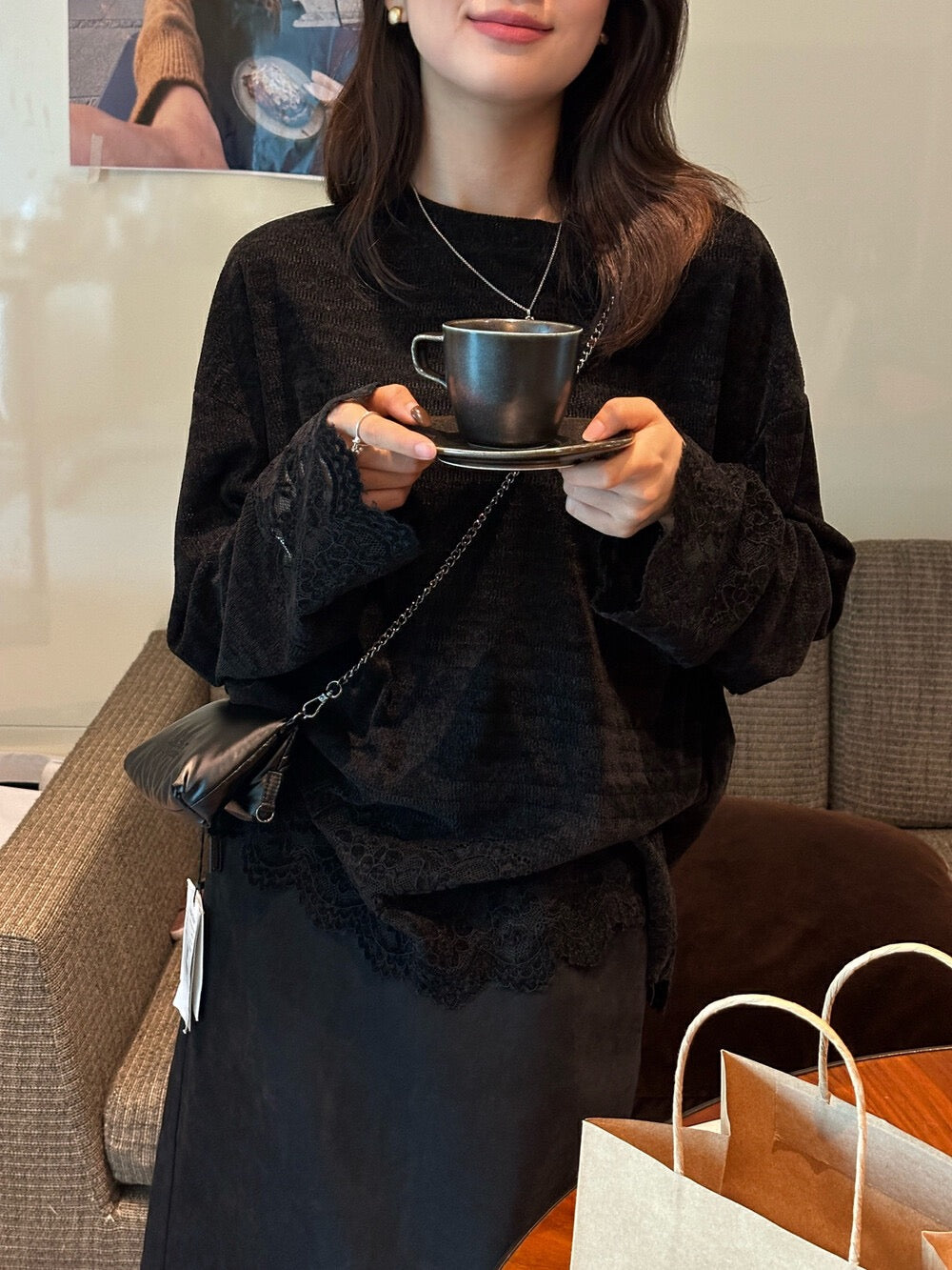 【tops】レース切り替え長袖TシャツG24448