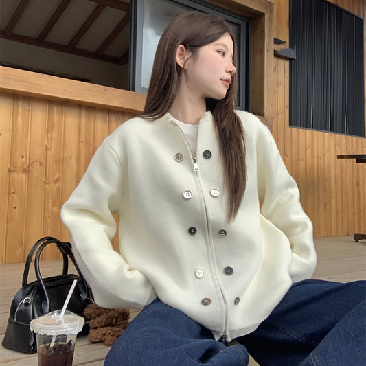 【outer】ラウンドネック無地ニットカーディガンG24456