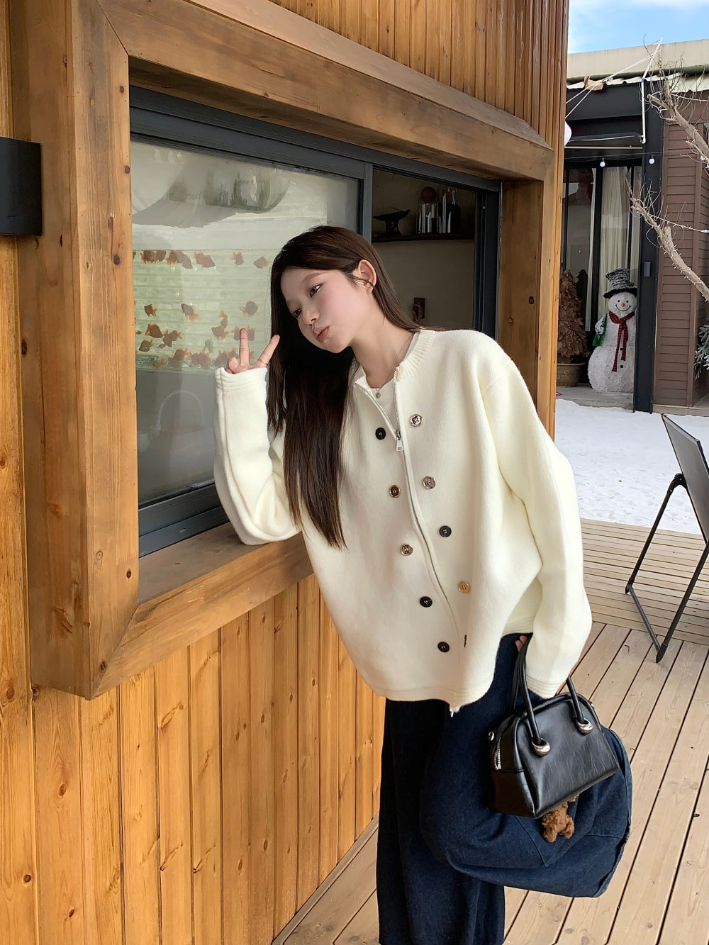 【outer】ラウンドネック無地ニットカーディガンG24456