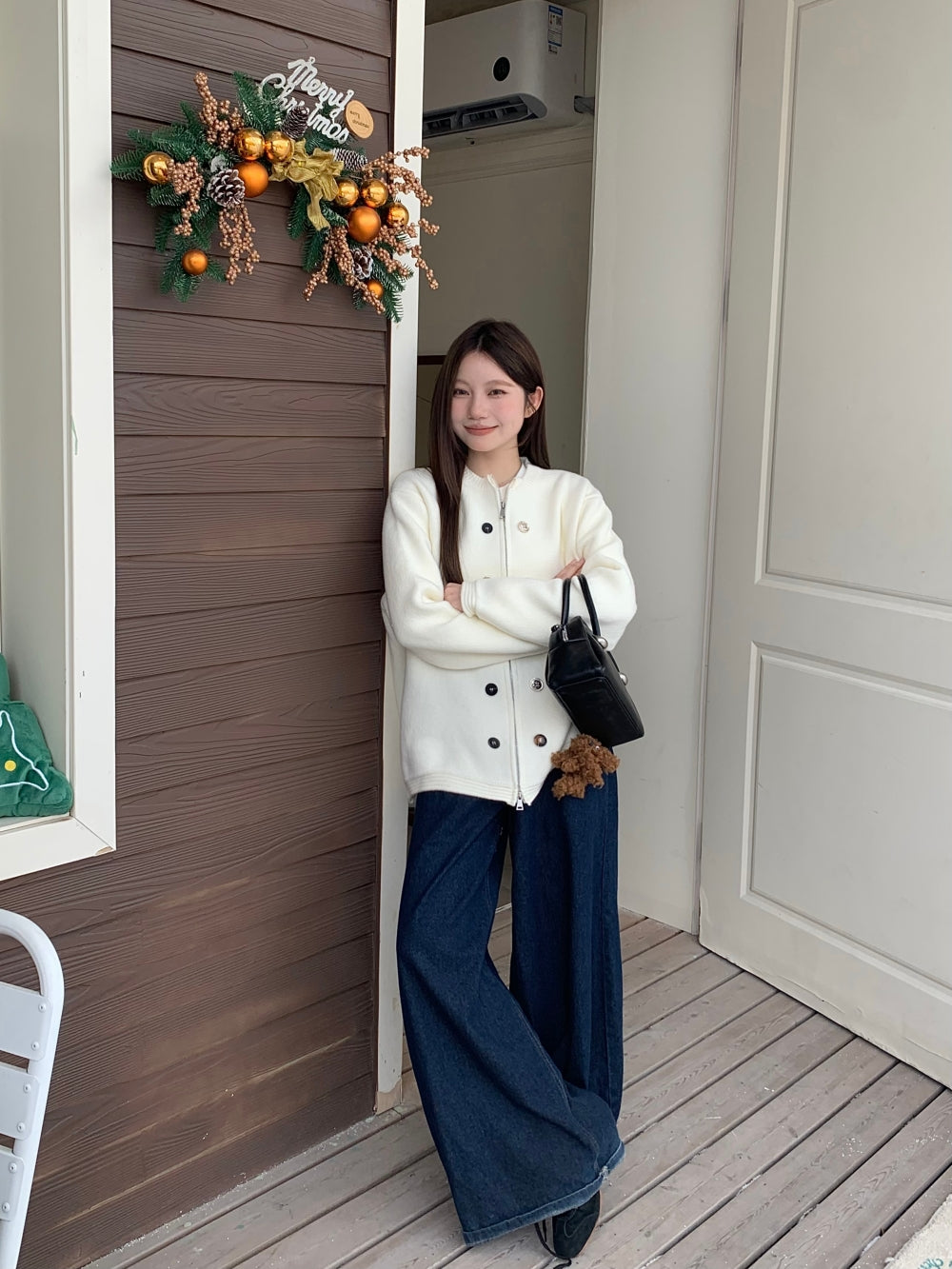 【outer】ラウンドネック無地ニットカーディガンG24456